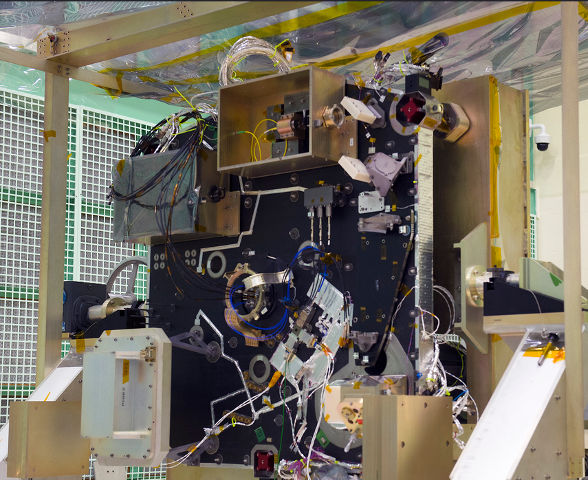 Photo of lasers and optics of the ATLAS instrument fixed into place on a flat bench structure